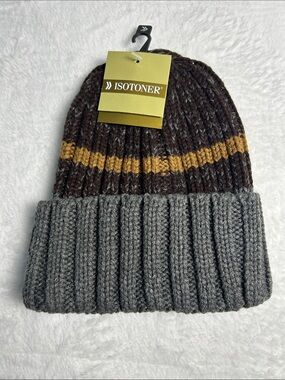 isotoner Men's Ribbed Cuffed Beanie in Gray, Brown & Yellow Stripe